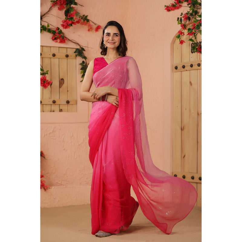 Geroo Luxe Shaded Pink Mukaish Work Chiffon Saree with Unstitched Blouse