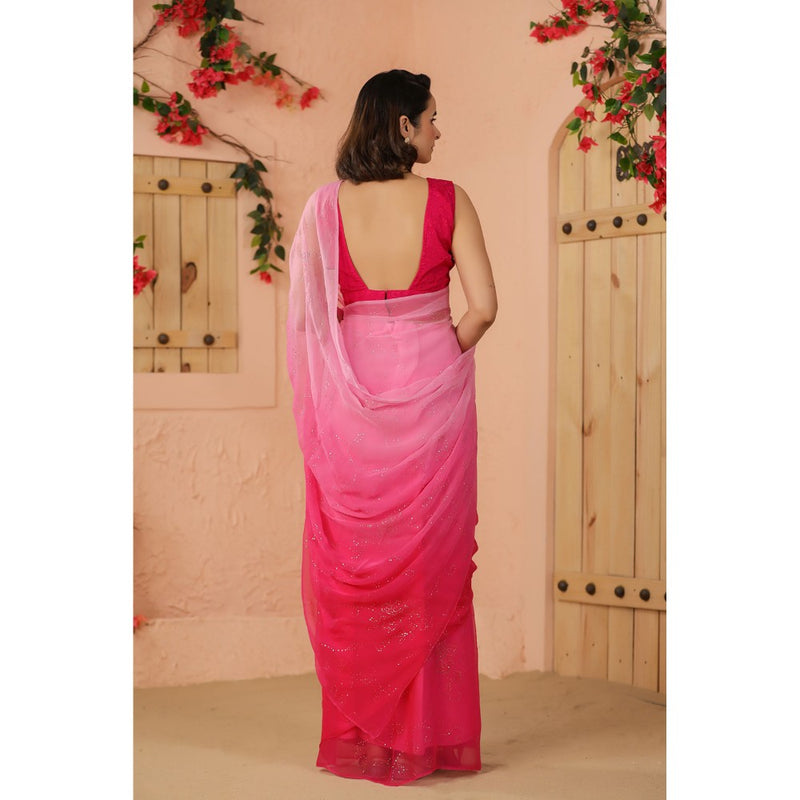Geroo Luxe Shaded Pink Mukaish Work Chiffon Saree with Unstitched Blouse