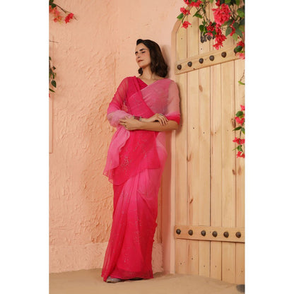 Geroo Luxe Shaded Pink Mukaish Work Chiffon Saree with Unstitched Blouse