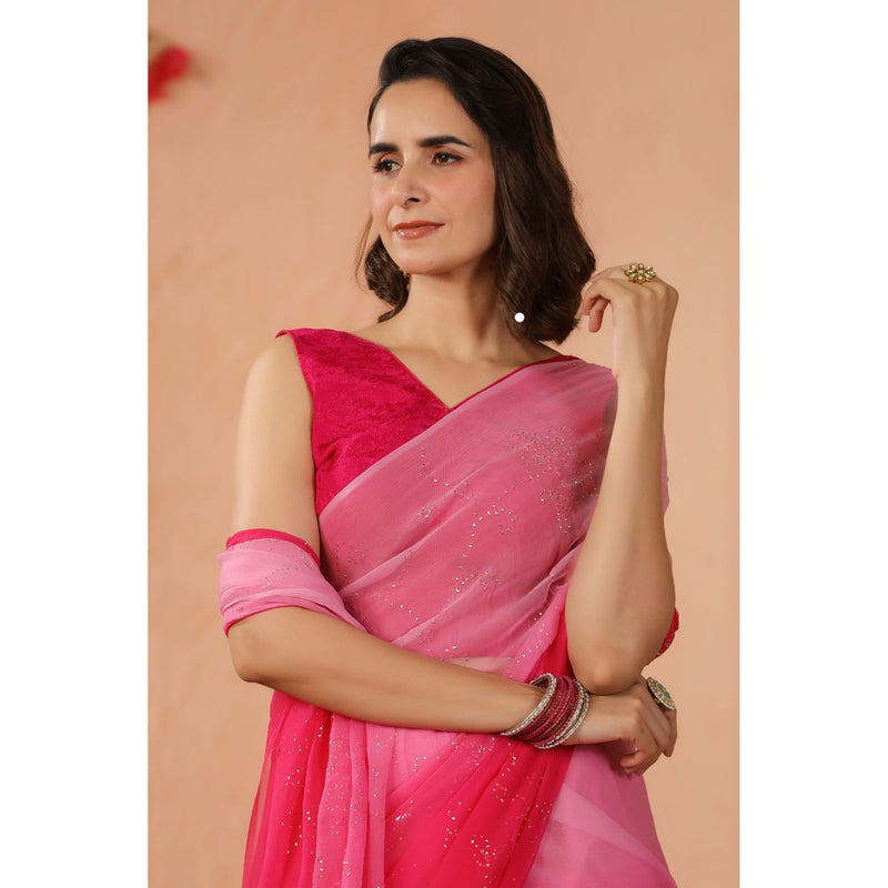 Geroo Luxe Shaded Pink Mukaish Work Chiffon Saree with Unstitched Blouse