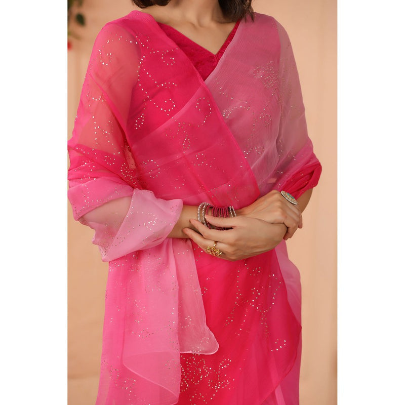 Geroo Luxe Shaded Pink Mukaish Work Chiffon Saree with Unstitched Blouse