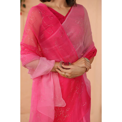 Geroo Luxe Shaded Pink Mukaish Work Chiffon Saree with Unstitched Blouse