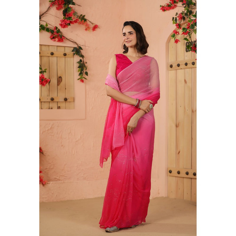 Geroo Luxe Shaded Pink Mukaish Work Chiffon Saree with Unstitched Blouse