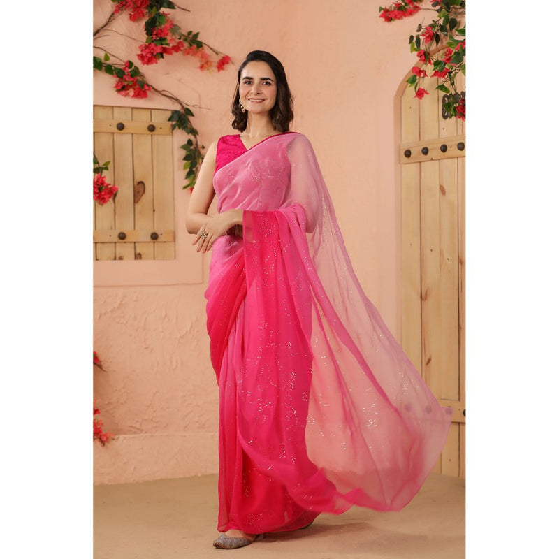 Geroo Luxe Shaded Pink Mukaish Work Chiffon Saree with Unstitched Blouse