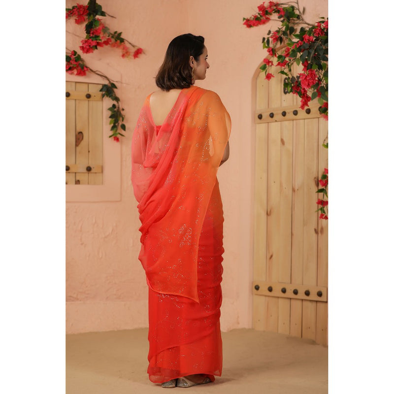 Geroo Luxe Shaded Orange And Peach Chiffon Saree with Unstitched Blouse