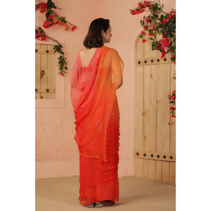 Geroo Luxe Shaded Orange And Peach Chiffon Saree with Unstitched Blouse