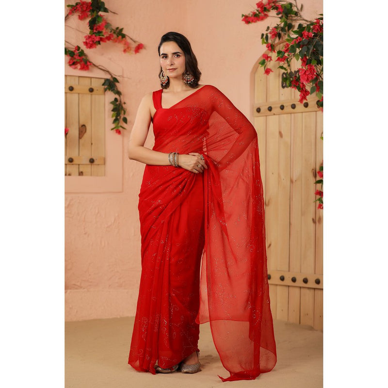 Geroo Luxe Red Mukaish Work Chiffon Saree with Unstitched Blouse
