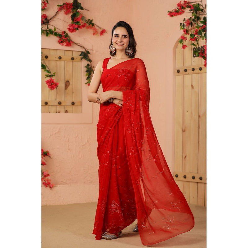 Geroo Luxe Red Mukaish Work Chiffon Saree with Unstitched Blouse