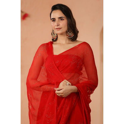 Geroo Luxe Red Mukaish Work Chiffon Saree with Unstitched Blouse