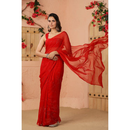 Geroo Luxe Red Mukaish Work Chiffon Saree with Unstitched Blouse