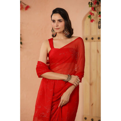 Geroo Luxe Red Mukaish Work Chiffon Saree with Unstitched Blouse