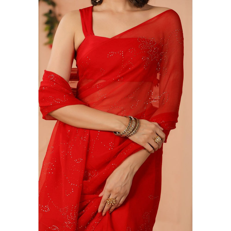 Geroo Luxe Red Mukaish Work Chiffon Saree with Unstitched Blouse
