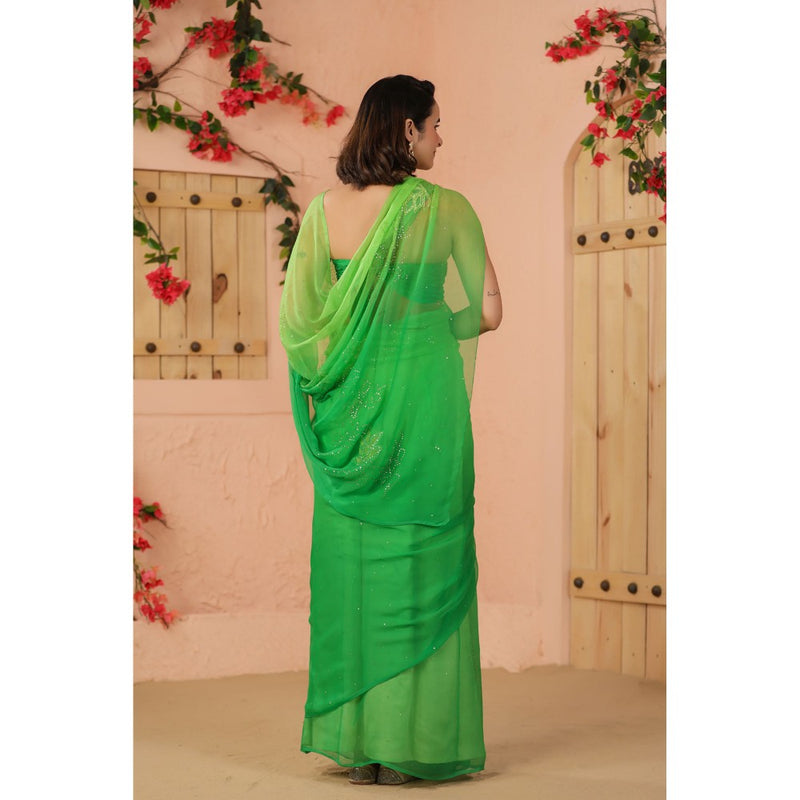 Geroo Luxe Green Shaded Net Patch Work Chiffon Saree with Unstitched Blouse