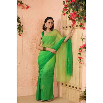 Geroo Luxe Green Shaded Net Patch Work Chiffon Saree with Unstitched Blouse