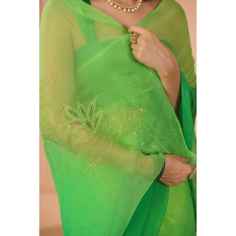 Geroo Luxe Green Shaded Net Patch Work Chiffon Saree with Unstitched Blouse