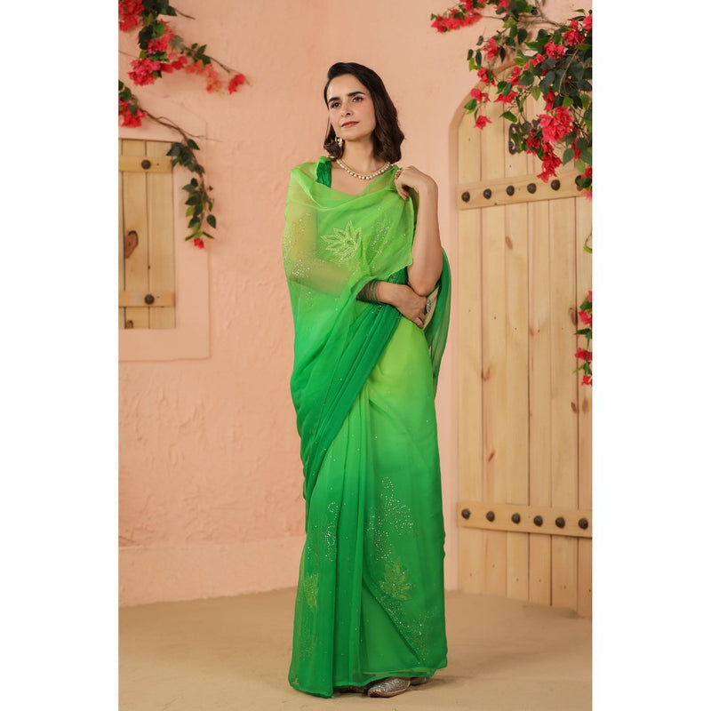 Geroo Luxe Green Shaded Net Patch Work Chiffon Saree with Unstitched Blouse