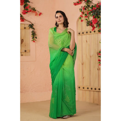 Geroo Luxe Green Shaded Net Patch Work Chiffon Saree with Unstitched Blouse