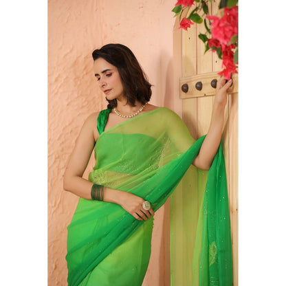 Geroo Luxe Green Shaded Net Patch Work Chiffon Saree with Unstitched Blouse