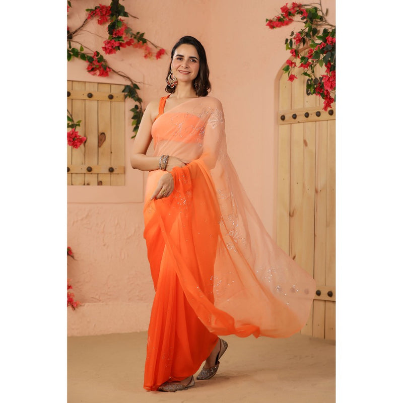 Geroo Luxe Orange Shaded Net Patch Work Chiffon Saree with Unstitched Blouse