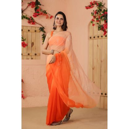 Geroo Luxe Orange Shaded Net Patch Work Chiffon Saree with Unstitched Blouse