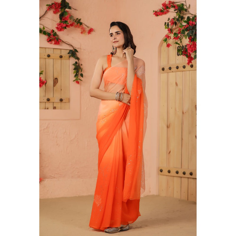 Geroo Luxe Orange Shaded Net Patch Work Chiffon Saree with Unstitched Blouse