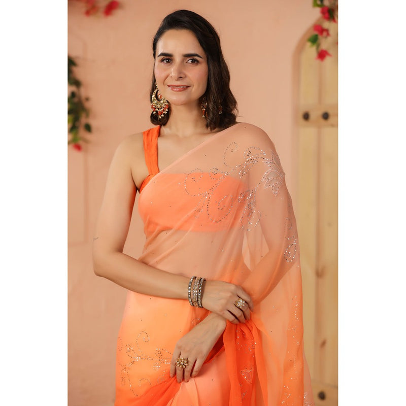 Geroo Luxe Orange Shaded Net Patch Work Chiffon Saree with Unstitched Blouse