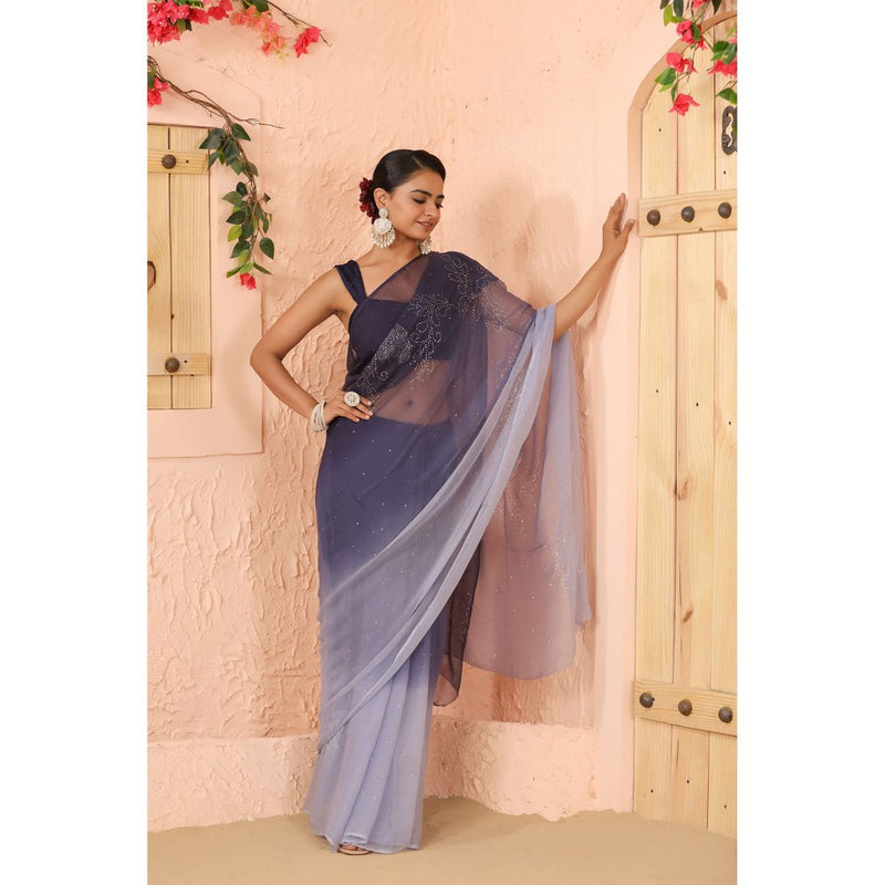 Geroo Luxe Navy Blue Shaded Net Patch Work Chiffon Saree with Unstitched Blouse