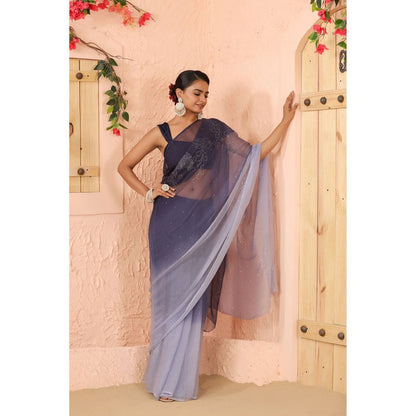 Geroo Luxe Navy Blue Shaded Net Patch Work Chiffon Saree with Unstitched Blouse