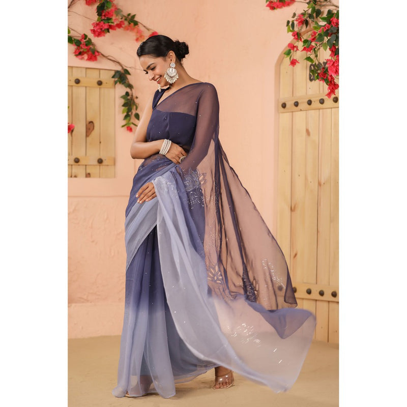 Geroo Luxe Navy Blue Shaded Net Patch Work Chiffon Saree with Unstitched Blouse