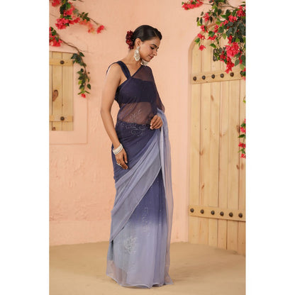Geroo Luxe Navy Blue Shaded Net Patch Work Chiffon Saree with Unstitched Blouse