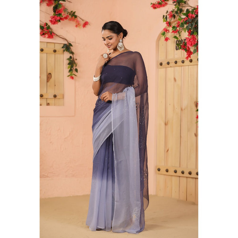 Geroo Luxe Navy Blue Shaded Net Patch Work Chiffon Saree with Unstitched Blouse