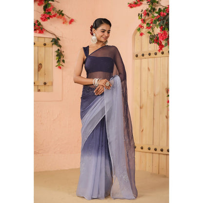 Geroo Luxe Navy Blue Shaded Net Patch Work Chiffon Saree with Unstitched Blouse