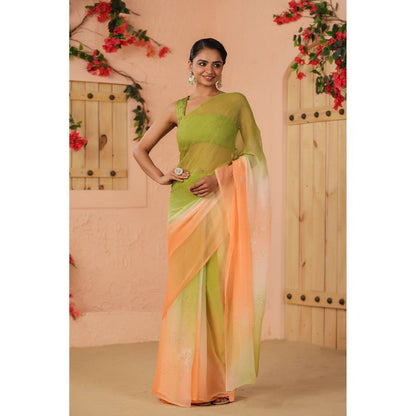 Geroo Luxe Green And Peach Shaded Net Patch Work Chiffon Saree with Unstitched Blouse