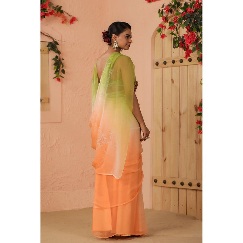 Geroo Luxe Green And Peach Shaded Net Patch Work Chiffon Saree with Unstitched Blouse