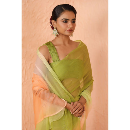 Geroo Luxe Green And Peach Shaded Net Patch Work Chiffon Saree with Unstitched Blouse