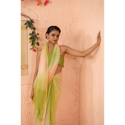 Geroo Luxe Green And Peach Shaded Net Patch Work Chiffon Saree with Unstitched Blouse