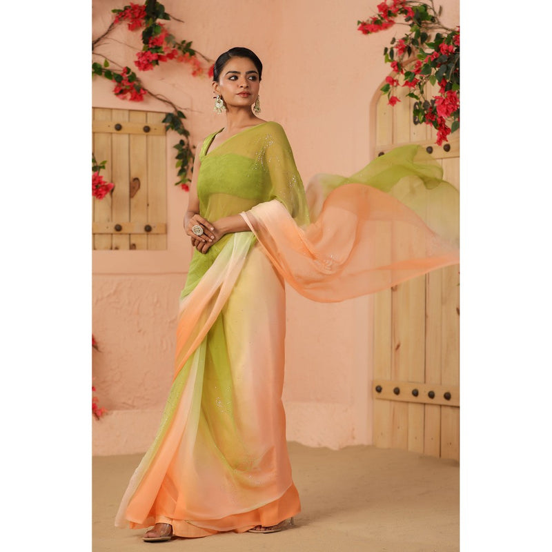 Geroo Luxe Green And Peach Shaded Net Patch Work Chiffon Saree with Unstitched Blouse