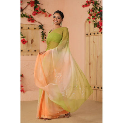 Geroo Luxe Green And Peach Shaded Net Patch Work Chiffon Saree with Unstitched Blouse