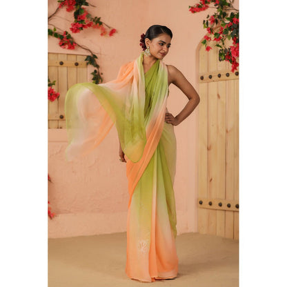 Geroo Luxe Green And Peach Shaded Net Patch Work Chiffon Saree with Unstitched Blouse