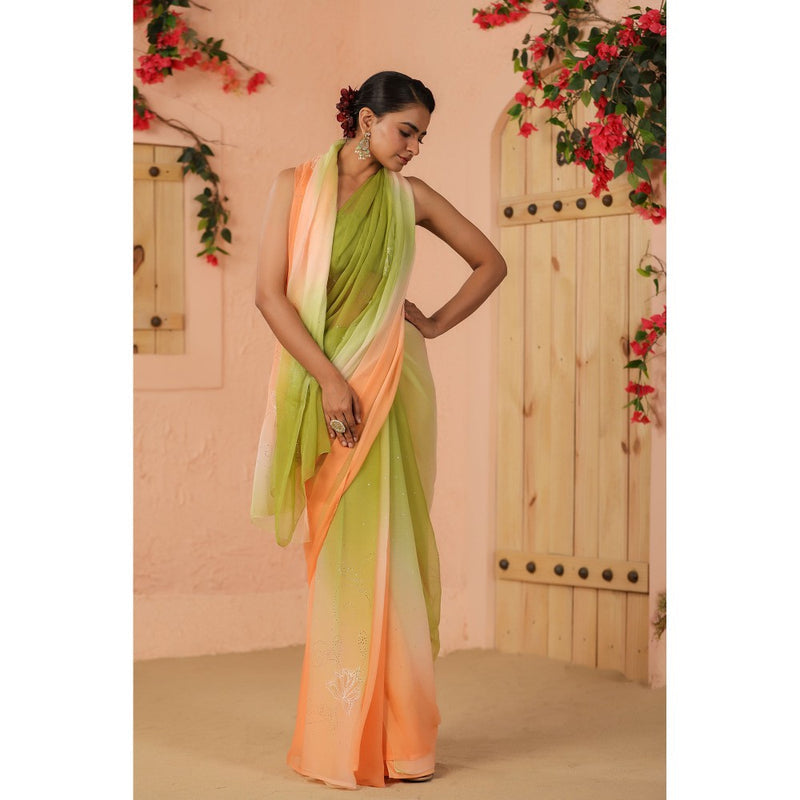 Geroo Luxe Green And Peach Shaded Net Patch Work Chiffon Saree with Unstitched Blouse