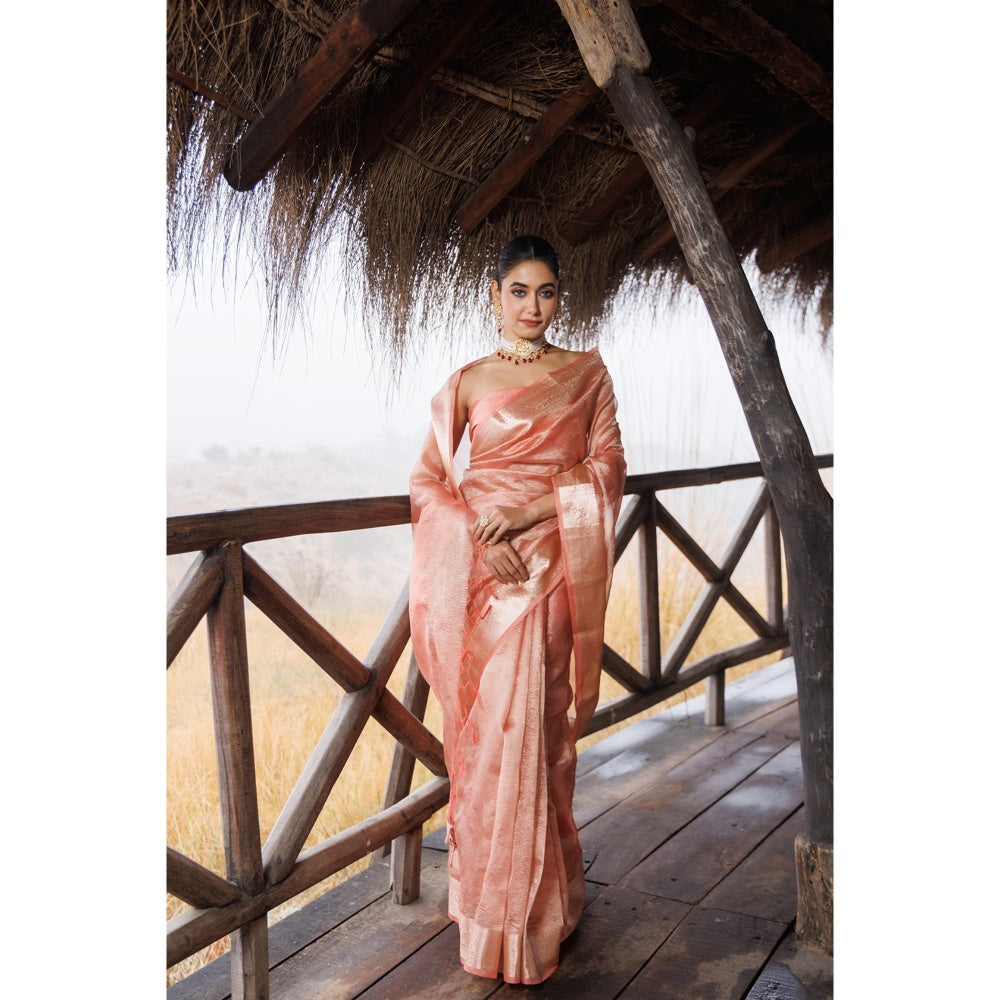 Geroo Jaipur Peach Crinkle Tissue Saree with Unstitched Blouse