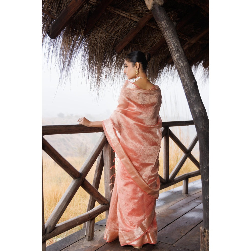 Geroo Jaipur Peach Crinkle Tissue Saree with Unstitched Blouse