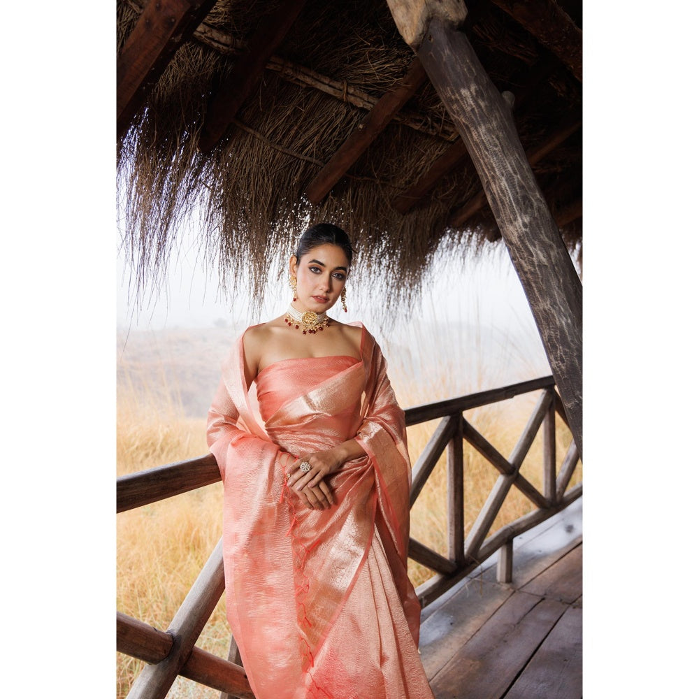 Geroo Jaipur Peach Crinkle Tissue Saree with Unstitched Blouse