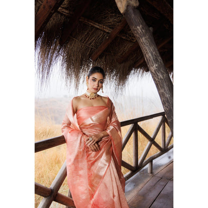 Geroo Jaipur Peach Crinkle Tissue Saree with Unstitched Blouse