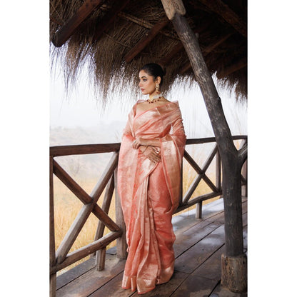 Geroo Jaipur Peach Crinkle Tissue Saree with Unstitched Blouse