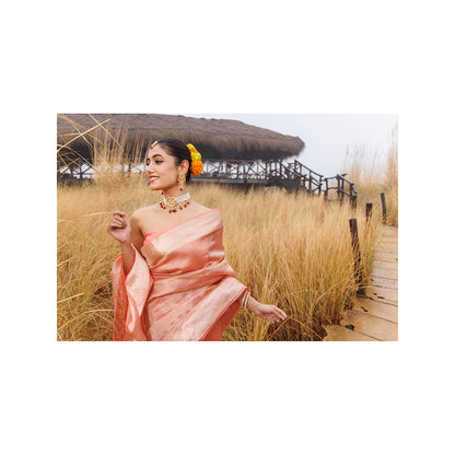 Geroo Jaipur Peach Crinkle Tissue Saree with Unstitched Blouse
