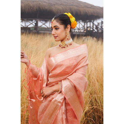 Geroo Jaipur Peach Crinkle Tissue Saree with Unstitched Blouse