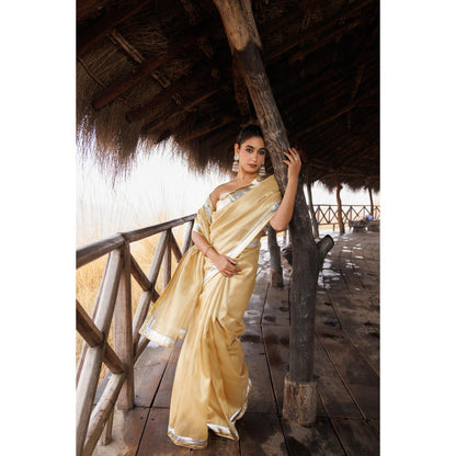 Geroo Jaipur Beige Tissue Gota Work Saree with Unstitched Blouse