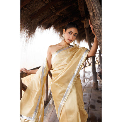 Geroo Jaipur Beige Tissue Gota Work Saree with Unstitched Blouse