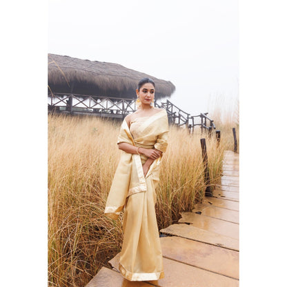 Geroo Jaipur Beige Tissue Gota Work Saree with Unstitched Blouse